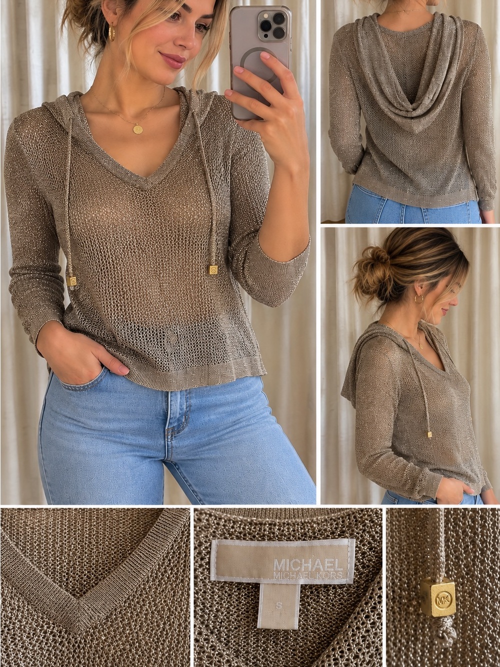 MICHAEL Michael Kors Metallic Taupe V-Neck Hooded Pullover